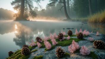 Pine Cone by Misty Lake at Sunrise photo