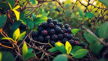Fresh Blackberry Growing on Spiky Branch photo
