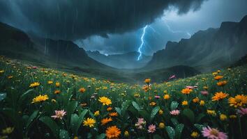 Flower Field Under Stormy Sky with Lightning photo