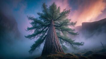 Tree in Misty Mountain Landscape photo