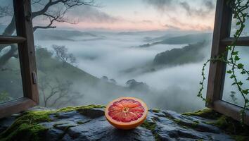 Blood Orange with View of Valley and Clouds Through Open Window photo