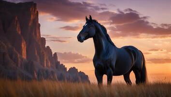 Black Horse in Grassy Field with Mountain at Sunset photo