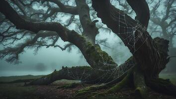 Foggy Forest with Tree and Spider Web photo