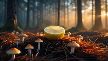 Lemon and Mushrooms in Forest Setting photo