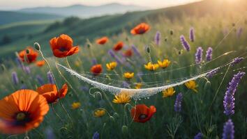 Poppy Flower Field with Dewdrops on Spider Web at Sunrise photo