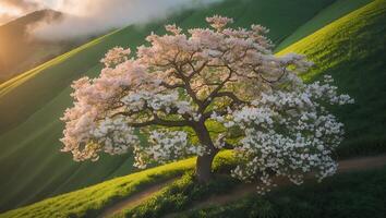 Blossom Tree on Green Hill at Sunrise photo