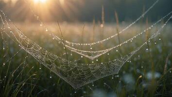 Spiderweb with Water Droplets in a Field During Sunrise photo