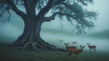 Deer Under Tree in Foggy Field photo