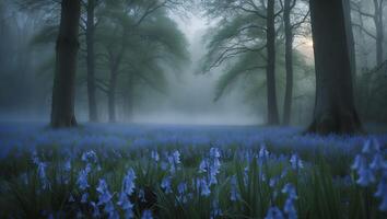 Bluebell Bloom in Foggy Forest photo