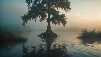Tree in Water with Spanish Moss on Foggy Morning photo