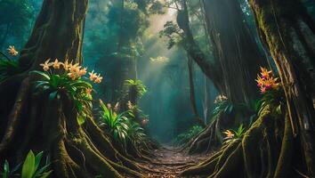 Tropical Forest with Sunlight, Trees and Orchids photo