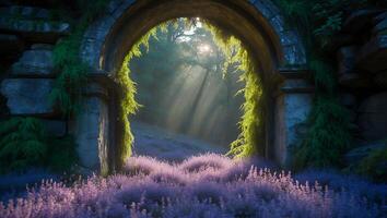 Lavender Field Stone Archway Forest Sunshine photo