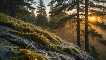 Forest Landscape with Moss, Rock and Trees at Sunrise photo