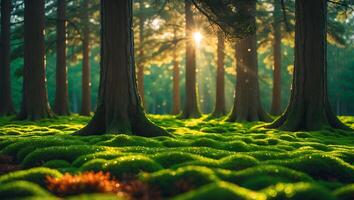 Sunlit Forest Ground with Green Moss and Tree Trunks photo