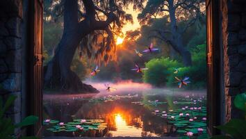 Pond with Dragonflies and Lily Pads Through Open Door photo
