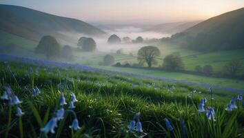 Bluebell Flowers Bloom in a Misty Green Valley Landscape photo