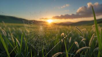 Spiderweb Dew Drops on Field at Sunset photo