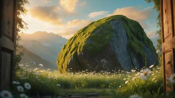Mossy Rock in Mountain Meadow Through Open Doorway photo
