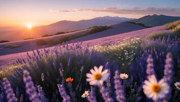 Lavender Field and Mountain at Sunset Landscape View photo
