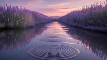 Lavender Field Reflecting in Water at Sunset photo