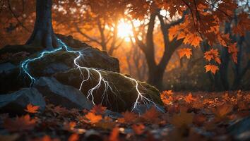 Lightning Strikes Tree on Mossy Rocks in Forest photo