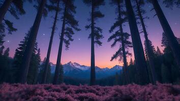 Mountain Vista and Tall Trees Under Starlit Night photo