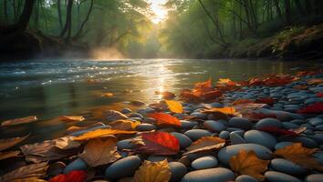 Autumn Leaves by River with Stones and Green Trees photo