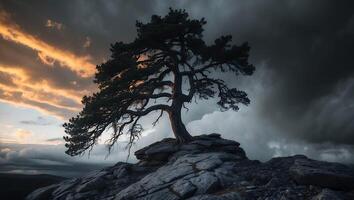 Tree on Rocky Hill with Dramatic Clouds photo