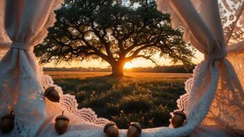 Tree at Sunset Framed by Lace and Acorns photo