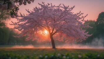 Blooming Cherry Tree at Sunrise photo