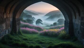 Landscape of Meadow and Fog Through Stone Arch photo