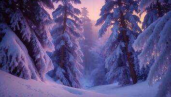 Snowy Pine Tree Landscape in Winter Forest photo