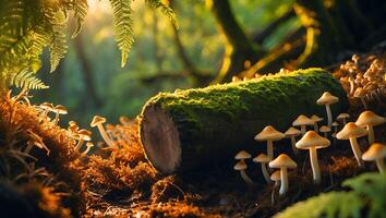 Mushroom Growing Around a Log in a Forest photo