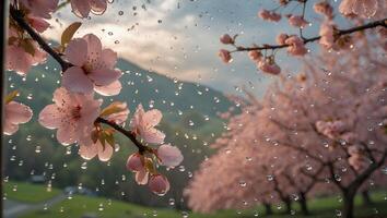Pink Cherry Blossom with Raindrops on Glass photo