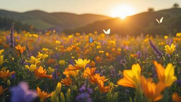 Wildflower Field with Butterflies at Sunset photo