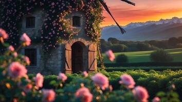 Charming Stone Building Covered in Flowers with Landscape and Sunset photo