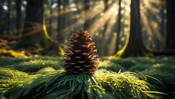 Pine Cone in Forest with Sunlight Shining Through Trees photo