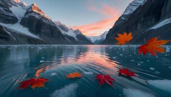 Lake with Maple Leaves and Snowy Mountains at Sunrise photo