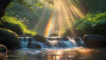 Waterfall with Rainbow and Sun Rays in Forest photo