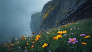 Flower Field with Mountain and Rain photo