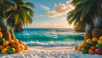 Tropical Beach Scene with Fruit and Palm Trees at Sunset photo