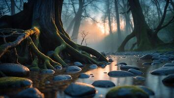 Trees and Rocks by the Water with Misty Sunlight Breaking Through photo