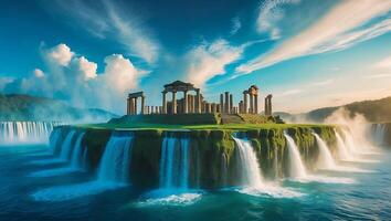 Waterfall Cascades Around Ancient Ruins on Green Island Landscape photo