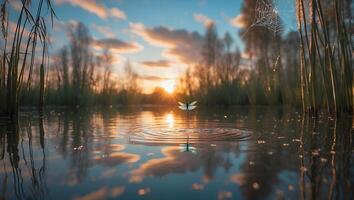 Dragonfly Over Pond Creates Ripples at Peaceful Sunset Scenery photo