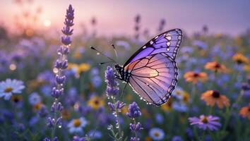 Butterfly on Lavender Flower in Meadow at Sunset photo