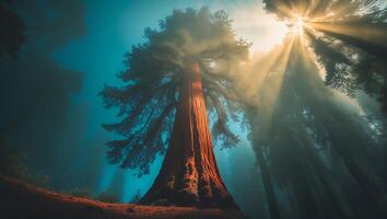 Tall Tree Reaching Towards Sunlight in Mystical Forest Landscape photo