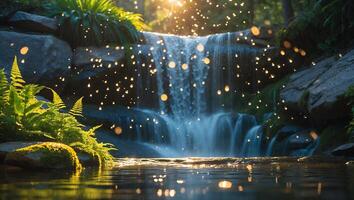 Waterfall with Ferns and Bokeh Lights in Nature photo
