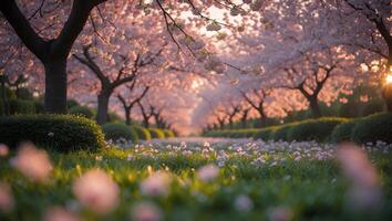 Cherry Blossom Trees Lining a Path in a Serene Garden at Sunset photo