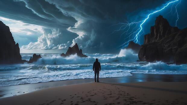 Person Standing on Stormy Beach with Lightning and Crashing Waves photo