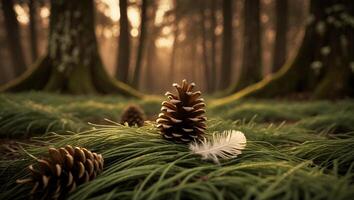 Pine Cones and Feather Resting on Forest Floor in Morning Light photo
